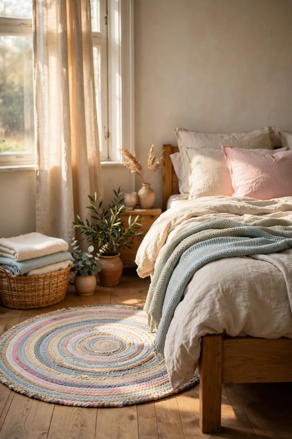 Round woven rag rug in soft colours made from old T-shirts beside a bed