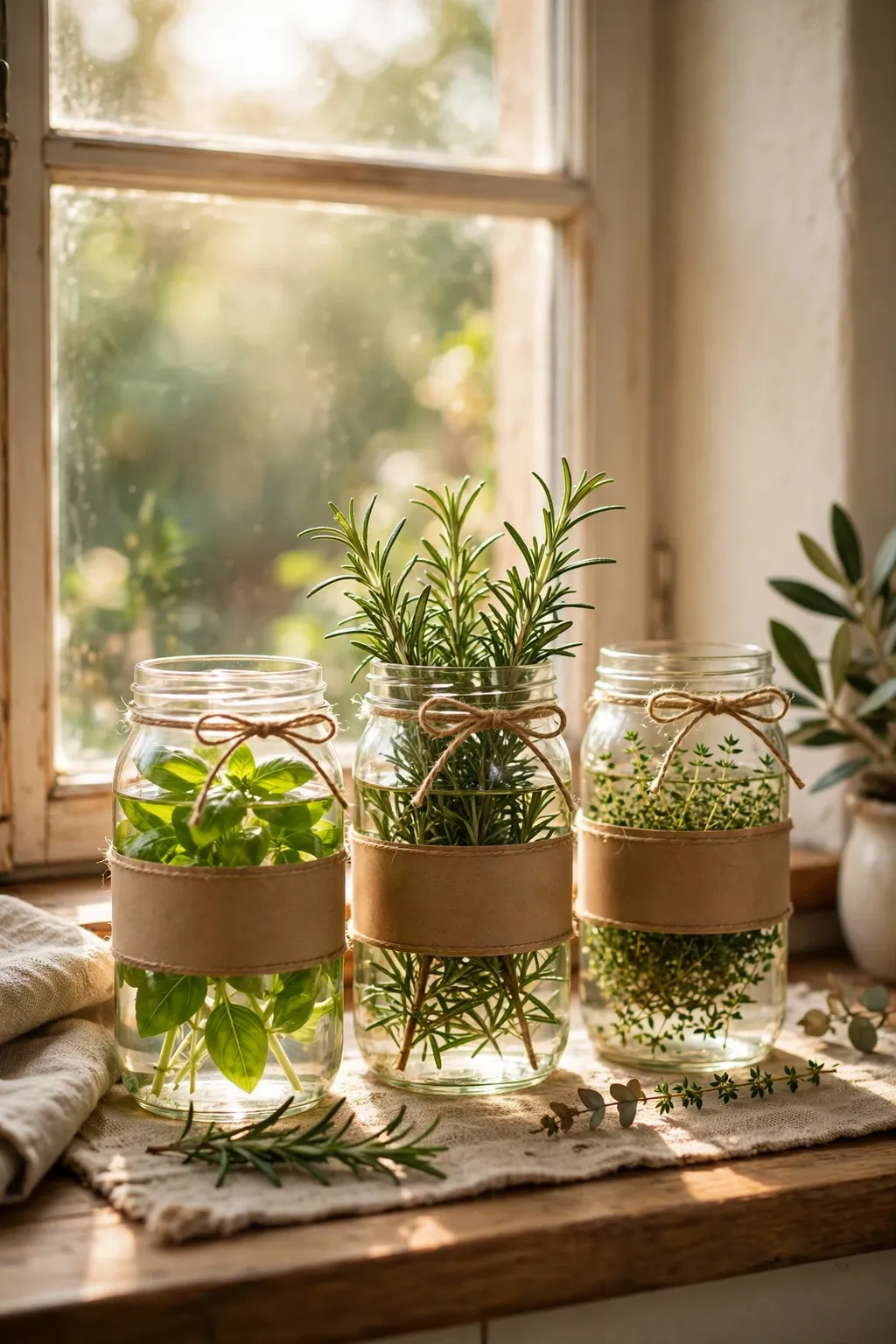 Glass jars with green kitchen herbs and simple labels on a sunny kitchen windowsill