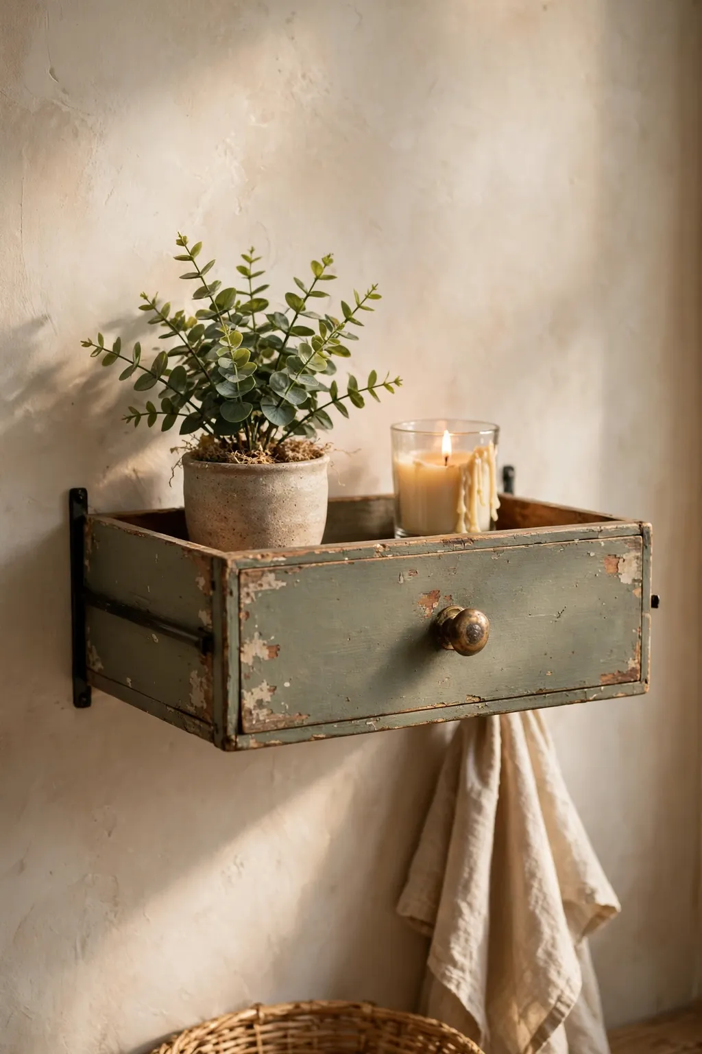 Painted old drawer fixed to a wall as a shelf holding a small plant and a candle