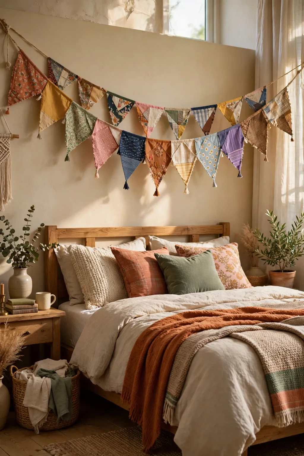 Colourful fabric scrap bunting hanging above a bed in a cozy bedroom
