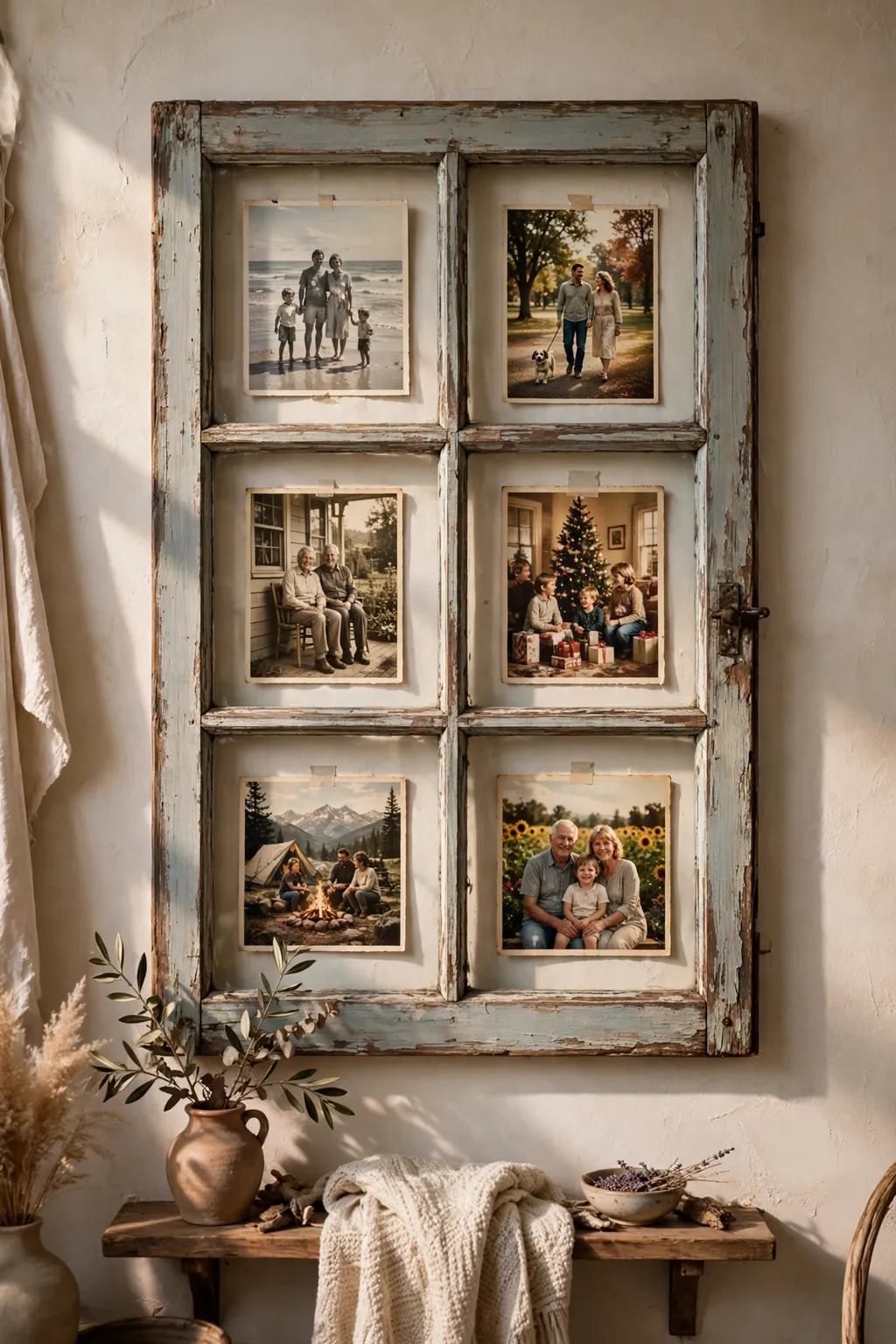 Old window frame on a wall displaying family photos behind each pane