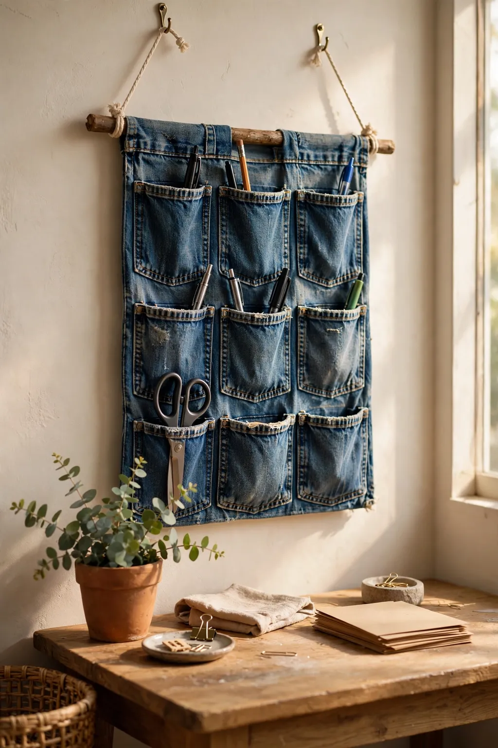 Hanging wall organizer made from denim pockets holding pens and scissors by a desk