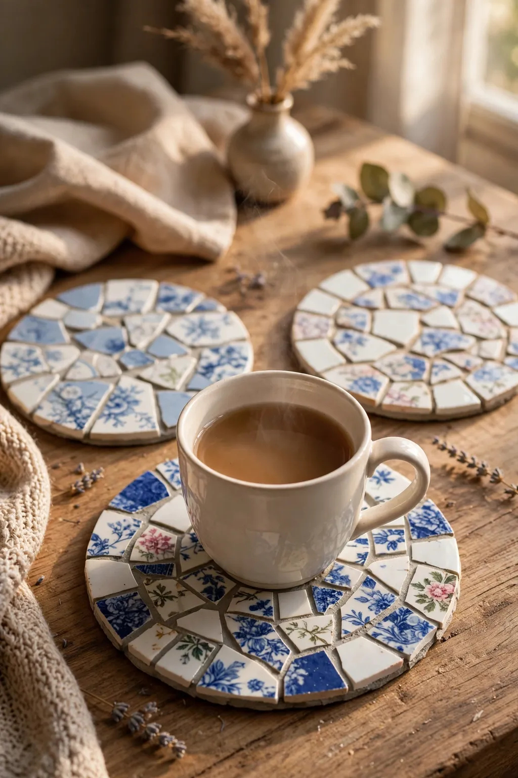Handmade mosaic coasters made from broken china pieces with a cup of tea on one