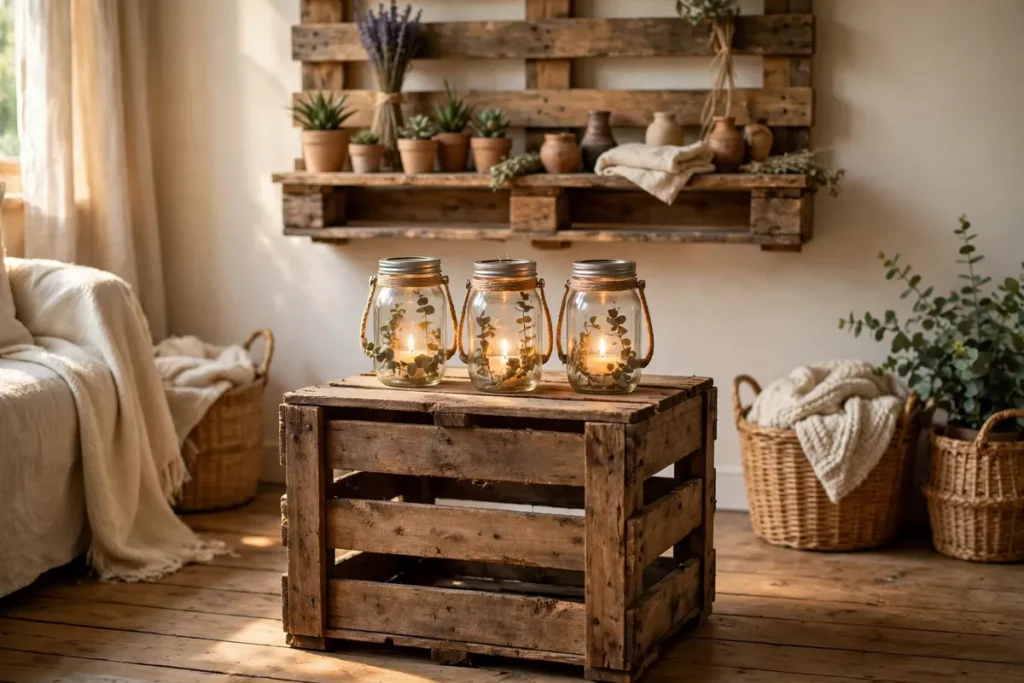 Cozy living room with upcycled decor: wooden crate side table with glowing mason jar lanterns in the center and a pallet wood shelf on the wall behind