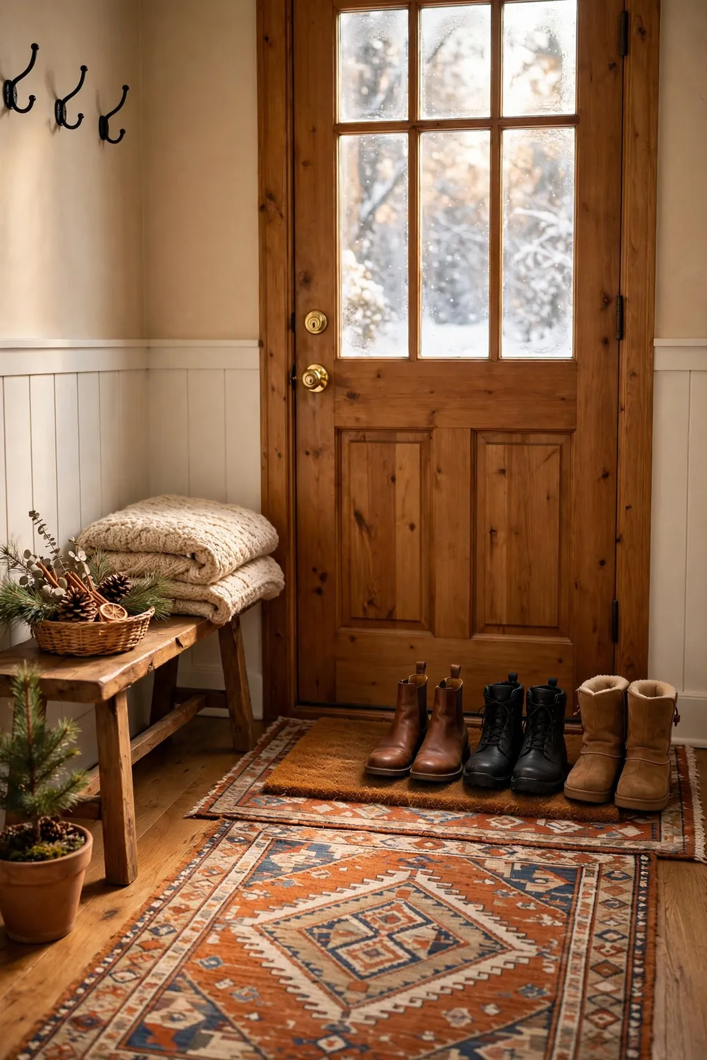 Cozy winter entryway with a layered patterned rug and coir doormat by the front door