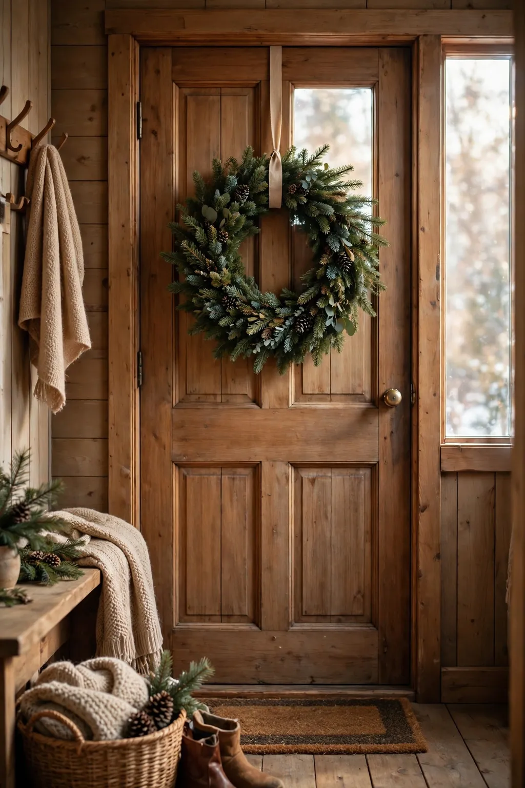 Evergreen wreath with a simple ribbon hanging on a winter front door