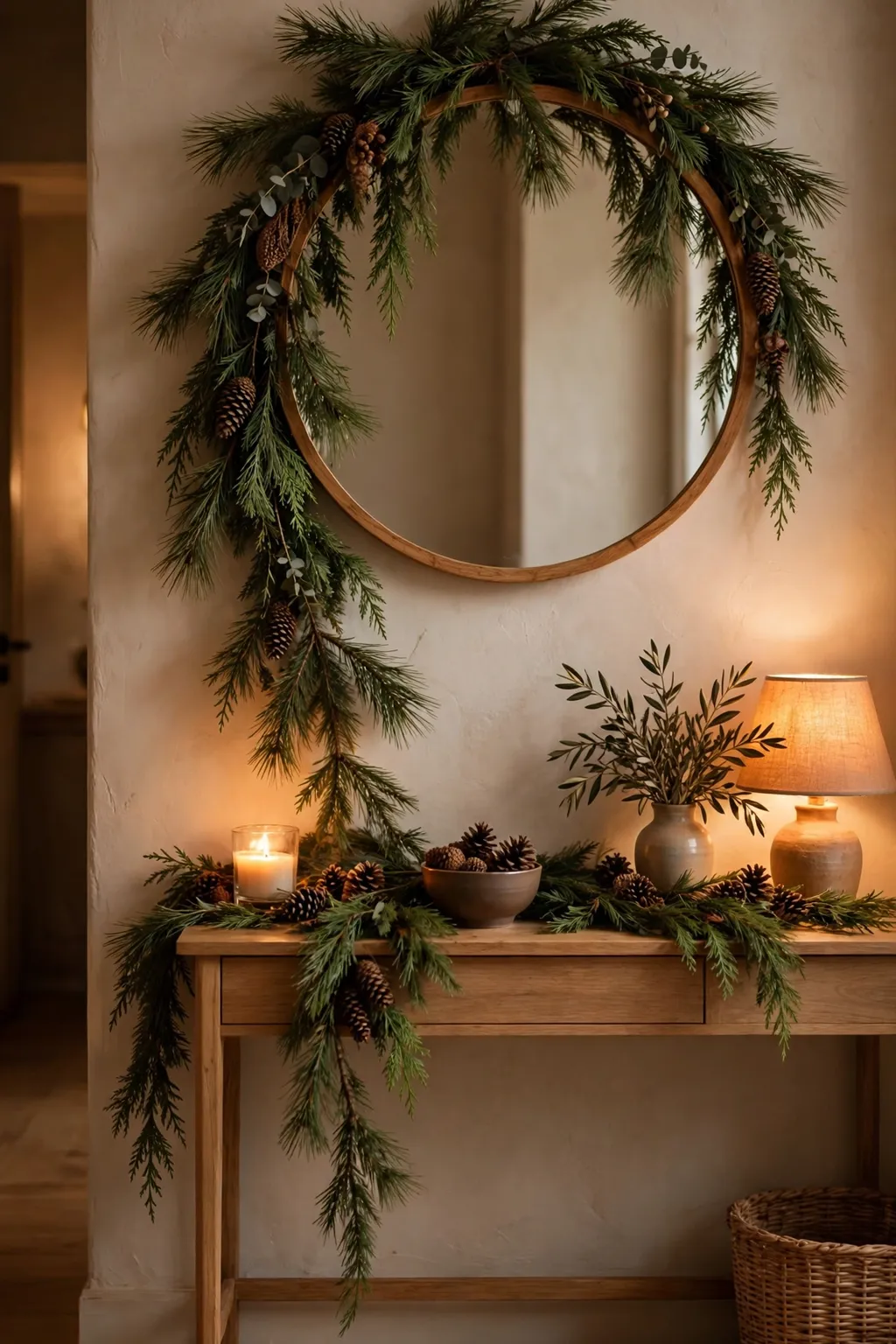 Pine garland draped over an entryway mirror above a wooden console table