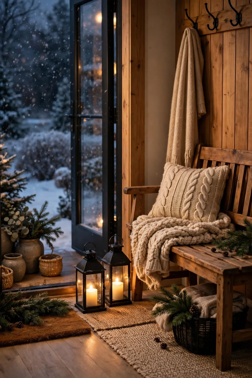 Black lanterns with warm glowing candles on the floor of a cozy winter entryway