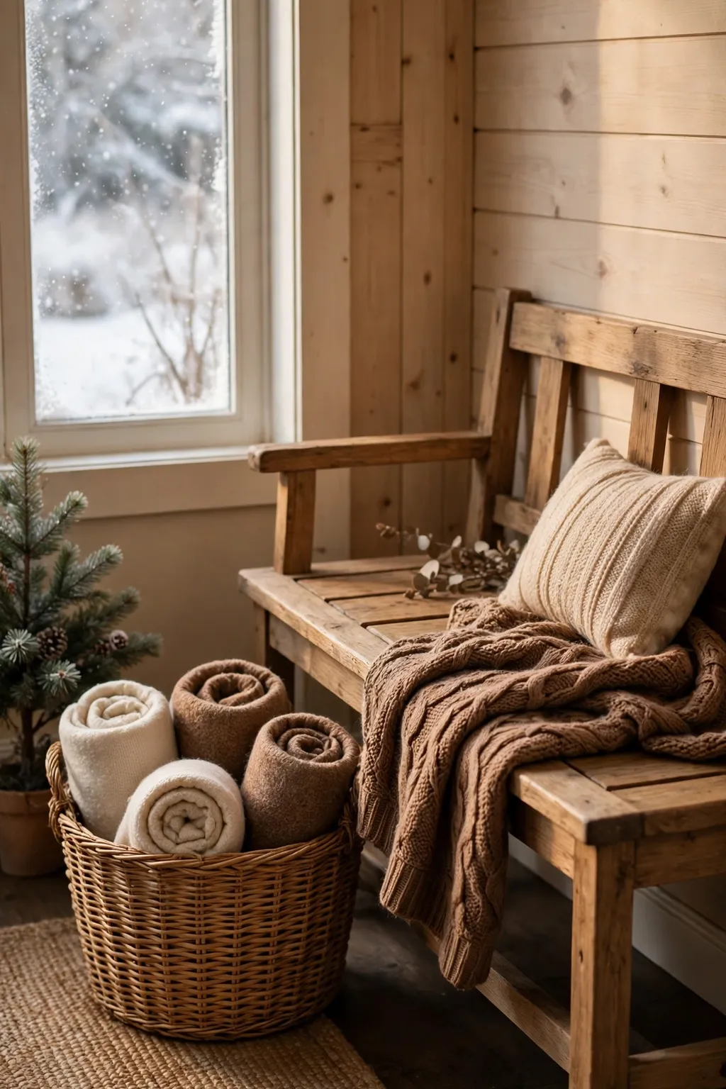 Woven basket filled with rolled cream and brown blankets beside an entryway bench