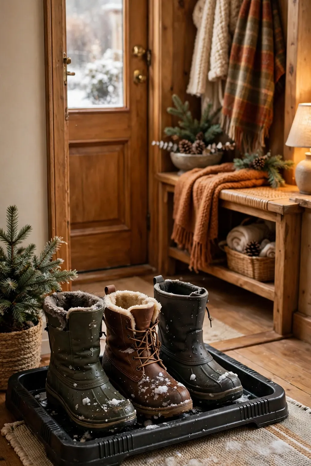 Boot tray with a raised edge holding winter boots by the front door