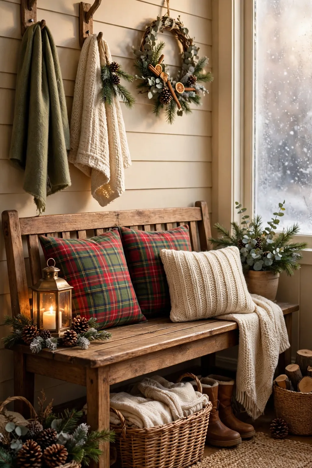 Entryway bench with red and green plaid cushions and a soft knit cushion
