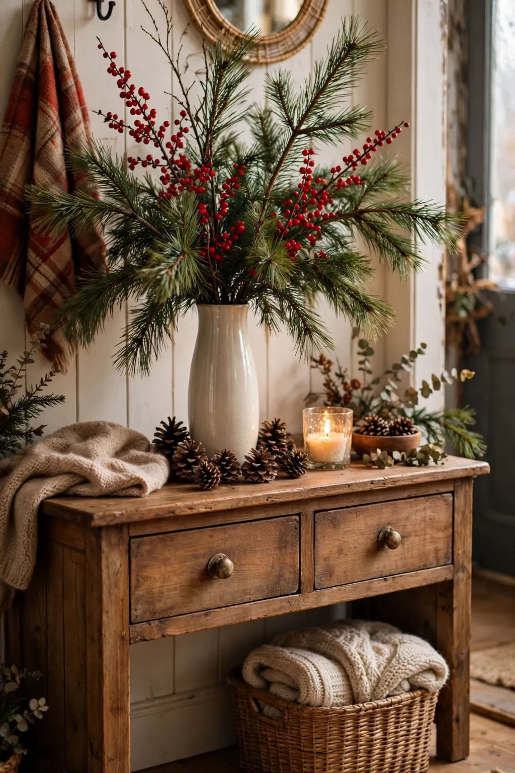 Tall vase with pine branches, red berries and pinecones on an entryway console