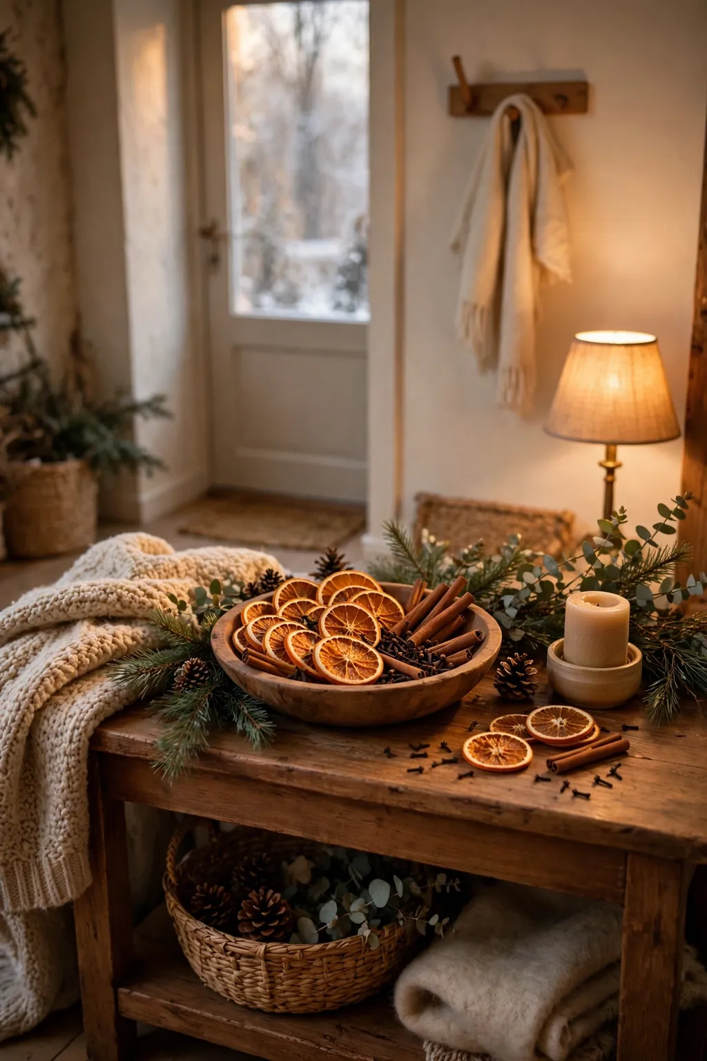Wooden bowl of dried orange slices, cinnamon sticks and cloves on an entryway console