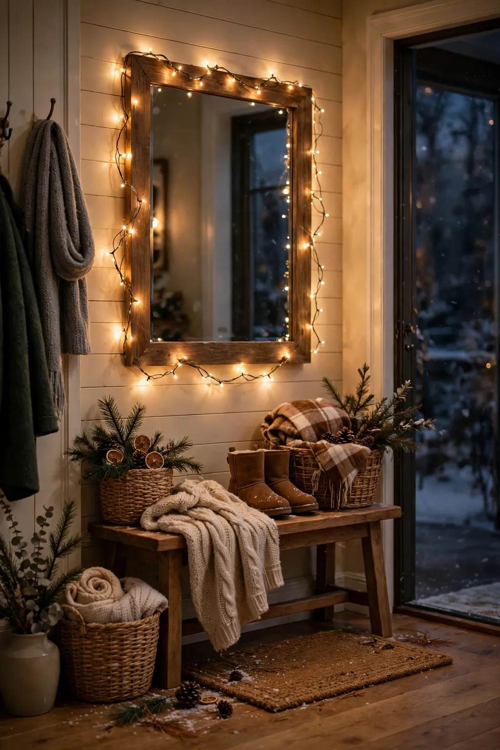 Warm fairy lights wrapped around an entryway mirror glowing in the evening