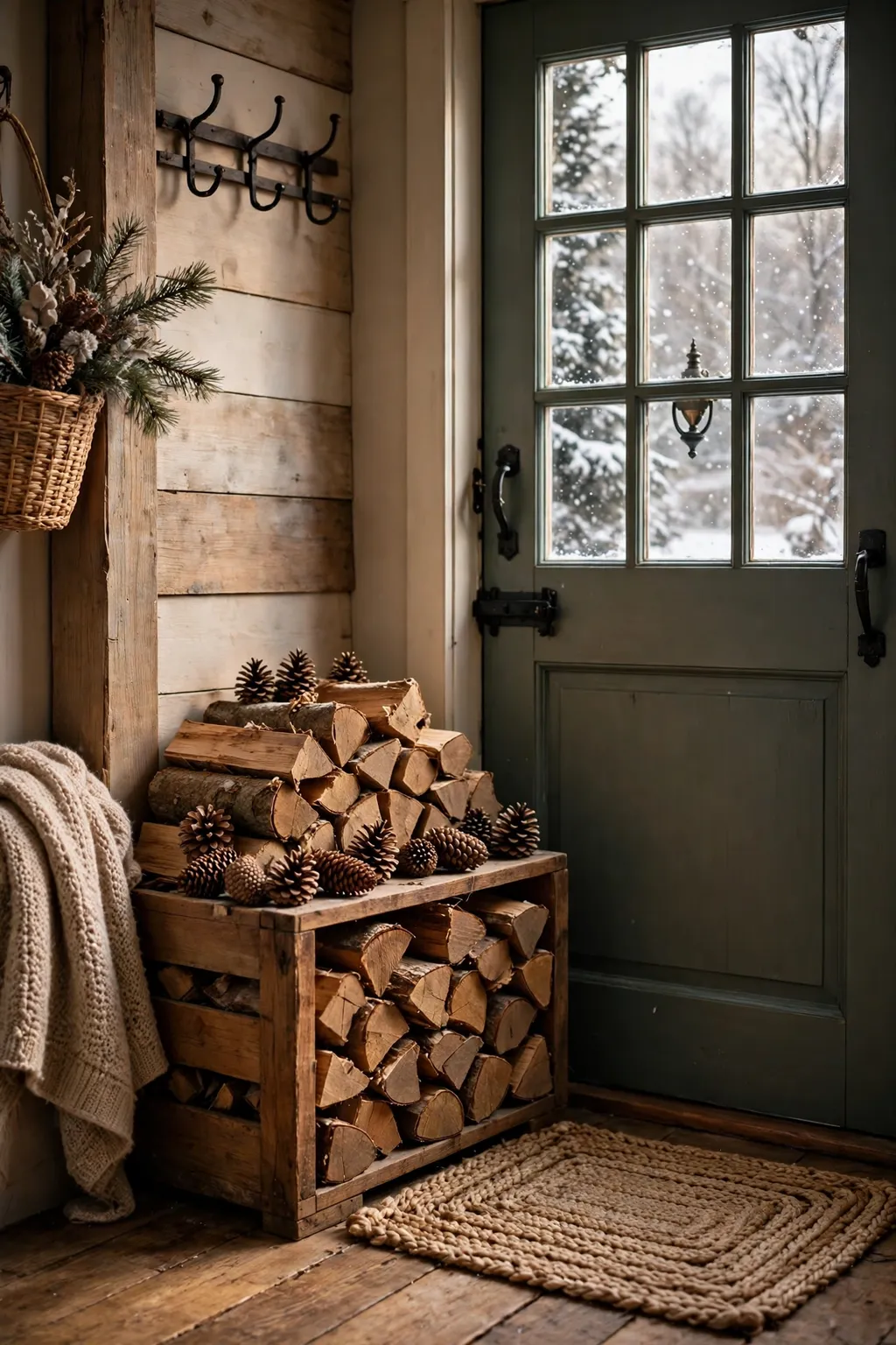 Wooden crate stacked with firewood and pinecones beside a front door in winter