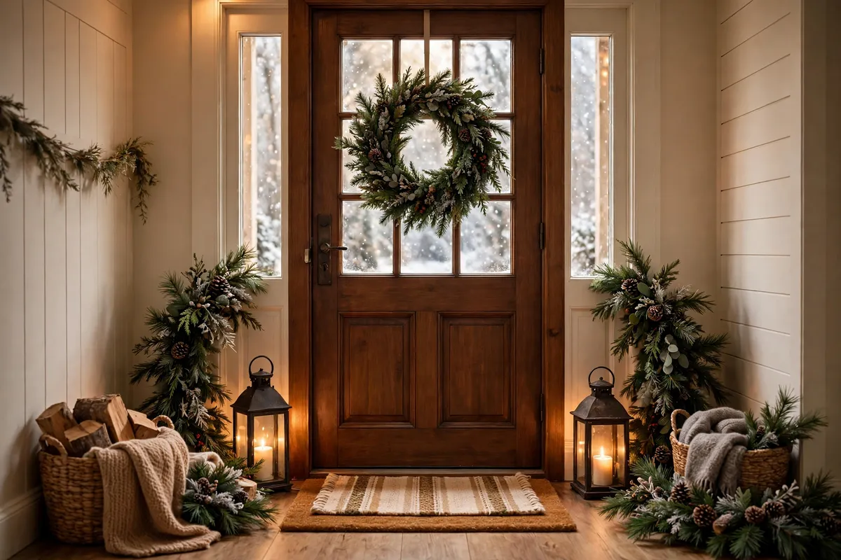 Cozy winter entryway with a wooden front door, evergreen wreath, lanterns and layered doormat